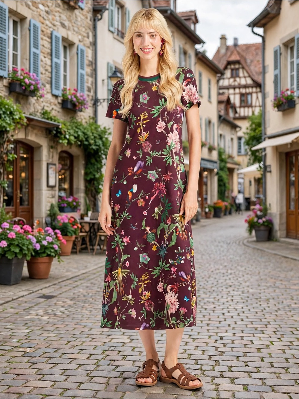 La DoubleJ  Swing floral cotton midi dress Floral Print Short-Sleeve Sz Medium